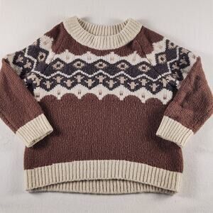 Aerie Womens Knit Fair Isle Crewneck Pullover Sweater M Brown Ivory Raglan
